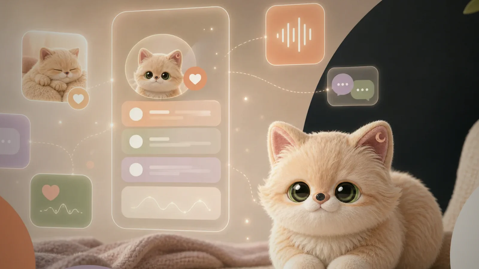 Lumi Cat beside abstract companion app memory lights and soft interface shapes.