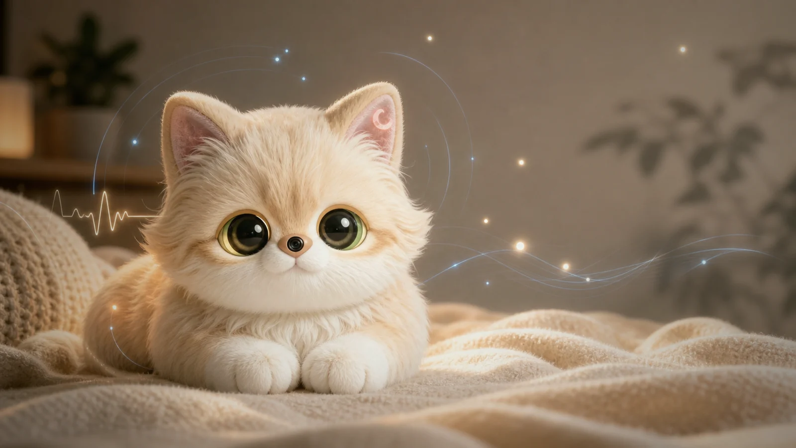 Lumi Cat with subtle eye glow and gentle emotional light traces.