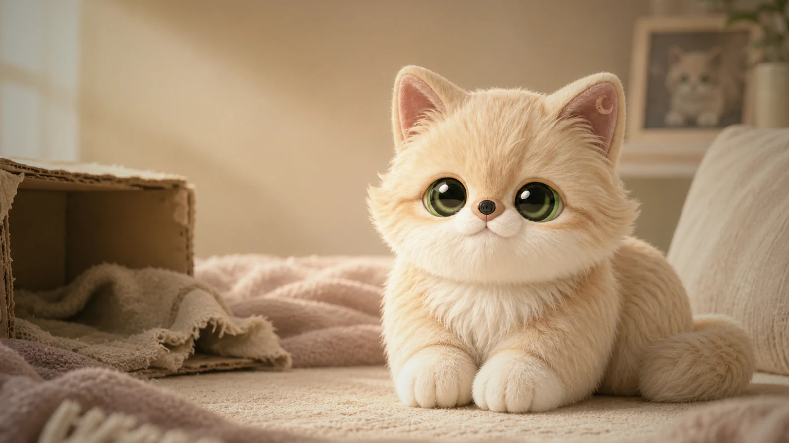 Lumi Cat arriving from a cardboard box into a warm room.