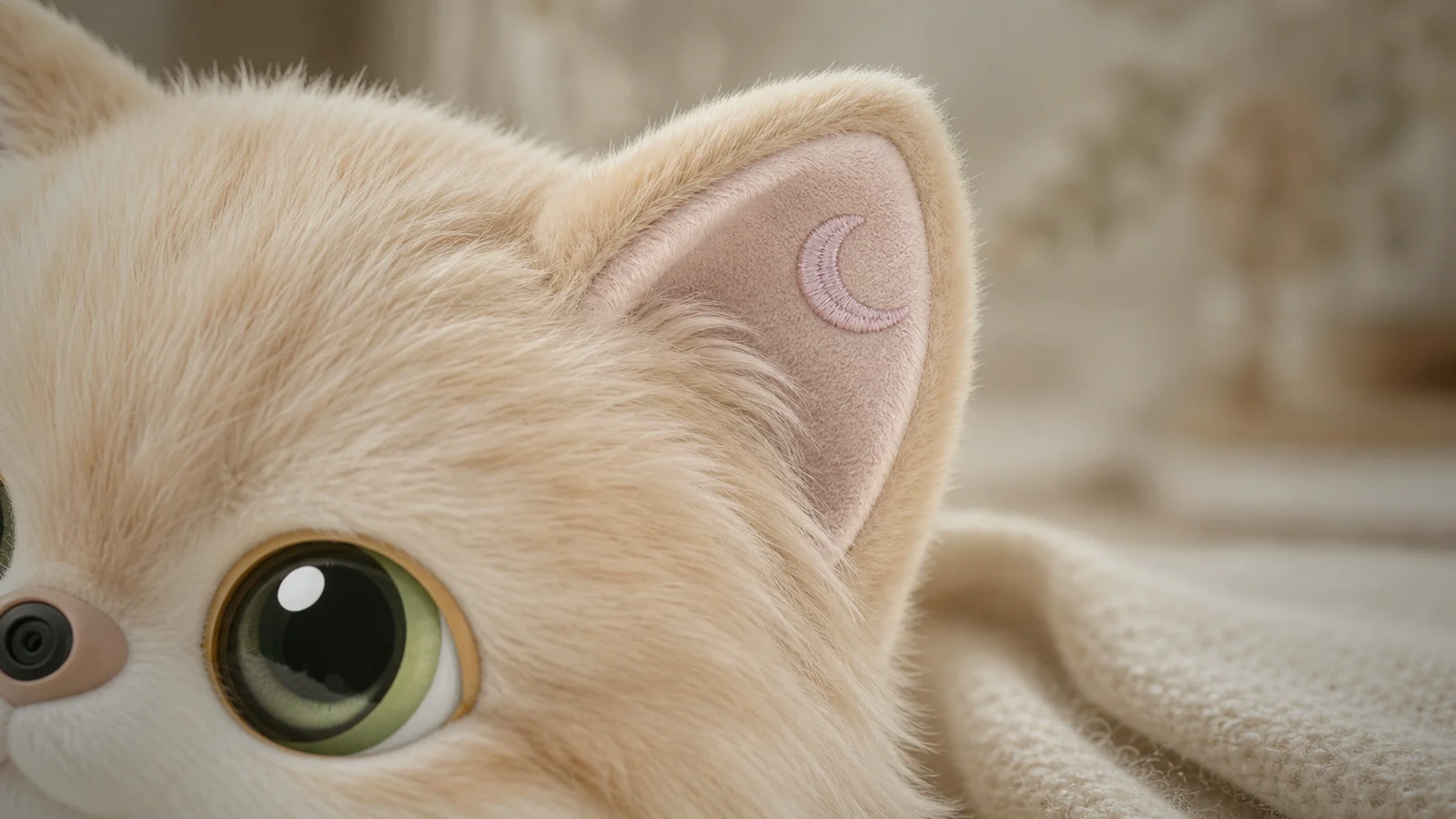 Close view of Lumi Cat's crescent moon ear mark in soft light.