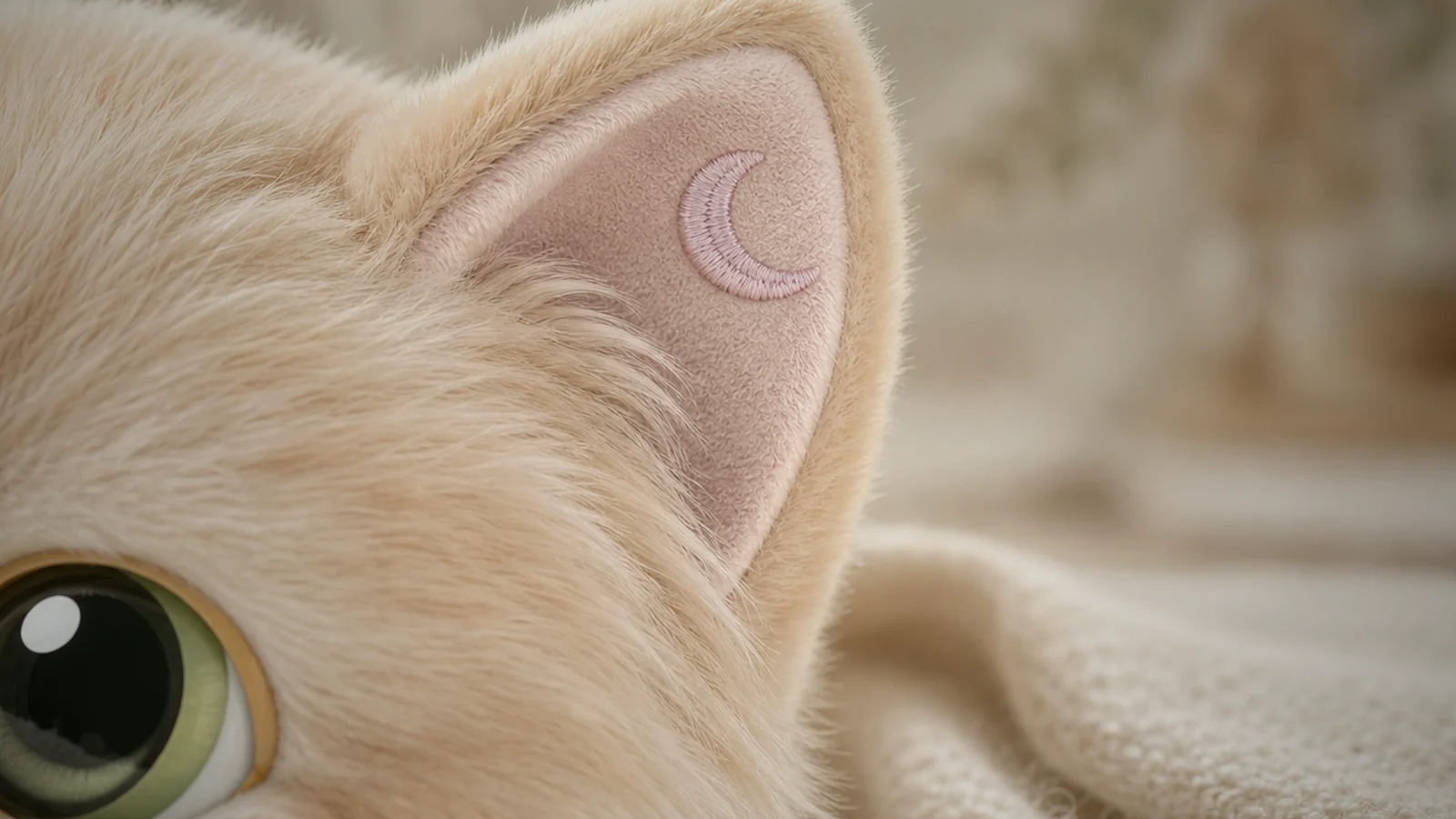 Lumi Cat's pale apricot plush fur and soft home textile details.