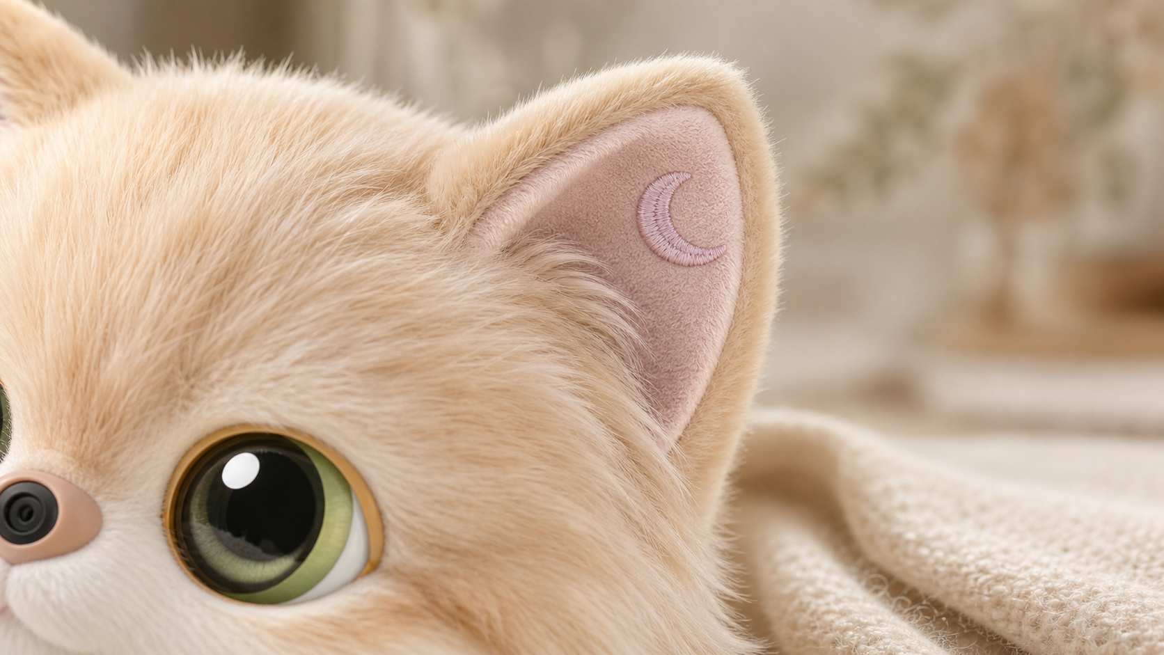 Macro detail of the crescent moon embroidery and soft fur.
